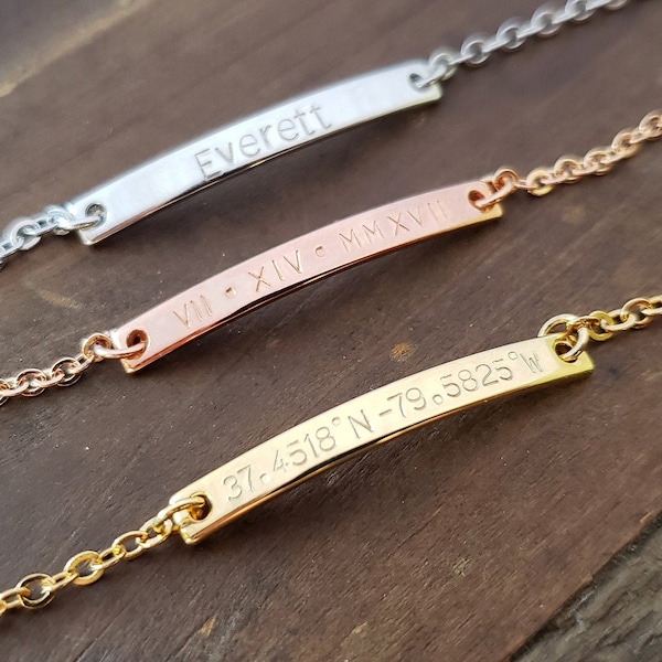 Custom Dainty Gold Silver Coordinates Bracelet, Location GPS Latitude Longitude Personalized Roman Numeral Date Name letter Bracelet