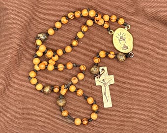 Hand-Engraved Brass and Olive Wood Rosary | Minimalistic Christian Prayer Beads