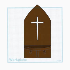 Puede incluir: Una estantería de pared de madera marrón con un diseño de cruz recortada. La estantería tiene una base curva con dos pequeños detalles redondos. La palabra "Workplane" es visible en la esquina inferior izquierda.