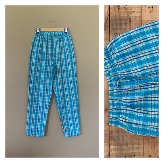 90s Pants High Waisted Plaid / Pull on Plaid Cotton Pants / Tartan Pants /  Womens 90's Pants / 90s Cotton Pants / Tapered Leg Pants 