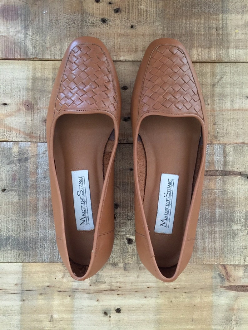 Vintage Brown Leather Woven Flats / Womens Loafers / Leather Flats / Leather Slip Ons image 3