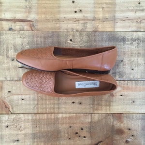 Vintage Brown Leather Woven Flats / Womens Loafers / Leather Flats / Leather Slip Ons