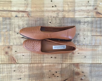 Vintage Brown Leather Woven Flats / Womens Loafers / Leather Flats / Leather Slip Ons