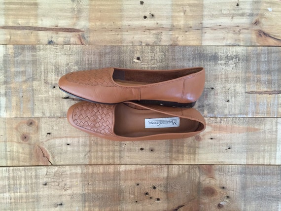 Vintage Brown Leather Woven Flats / Womens Loafers / Leather Flats / Leather Slip Ons