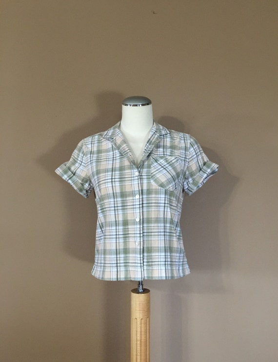 80s Shirt / 90s Cropped Plaid Shirt  / 80s Blouse 