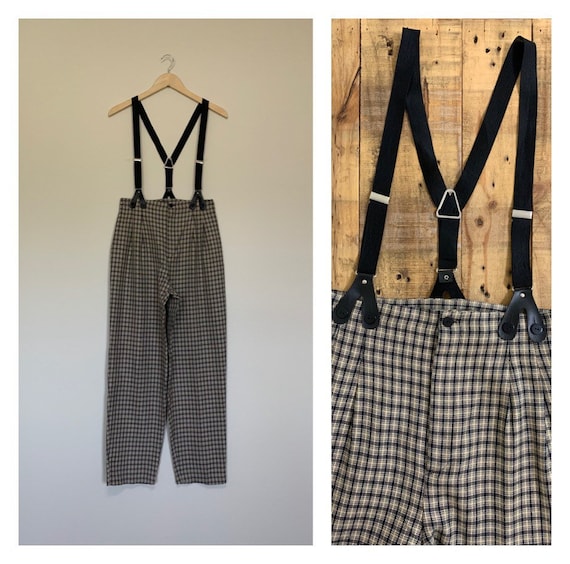 28” High Waisted Suspender Pants Plaid / Vintage P