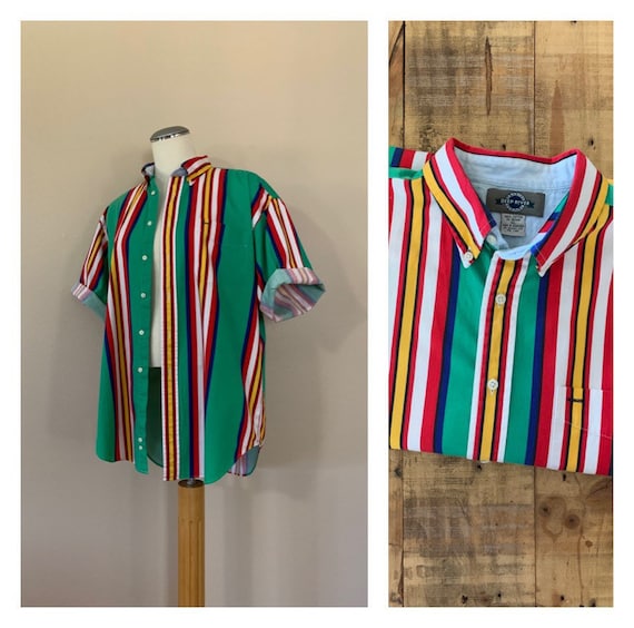 90’s Oversized Striped Button Down Shirt XL / Over