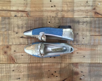Womens Penny Loafers / Vintage Blue Jean Flats / Womens Loafers / Metallic Shoe Flats / Slip Ons / Gold Silver Shoes