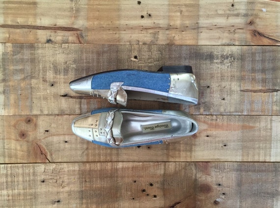 Womens Penny Loafers / Vintage Blue Jean Flats / Womens Loafers / Metallic Shoe Flats / Slip Ons / Gold Silver Shoes