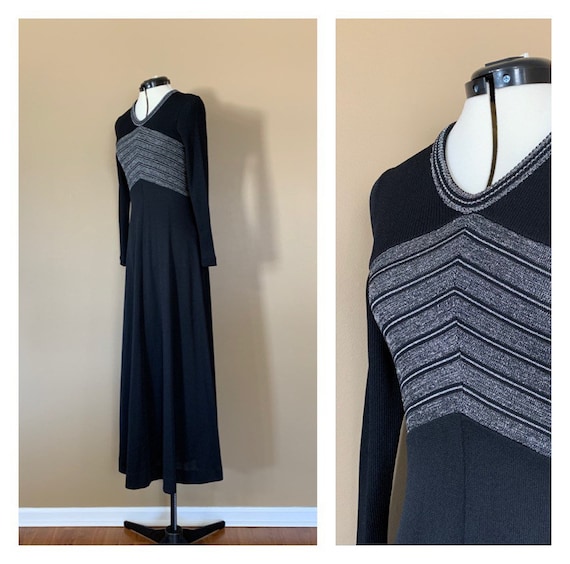 70's Long Dress Black Small / 70's Black and Silv… - image 1