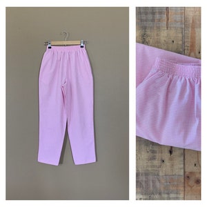90’s Pants High Waisted Plaid XS / Pink and White Plaid / Pleated Plaid Womens Cotton Pants / Womens 90&#39;s Pants / 90s Cotton Pants