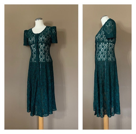90s Green Lace Babydoll Dress Sheer / Lace Dress /