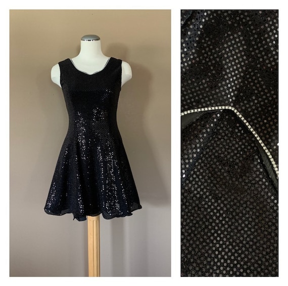 90s Black Prom Dress Sequin Black Prom Dress / Si… - image 1