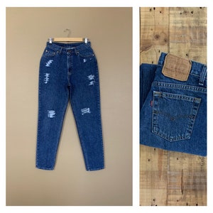 28” Levis 512 Jeans High Waisted Distressed / 90s Slim Fit Tapered Leg / Levis Jeans Dark Wash / High Waisted Levis Slim Fit Tapered Leg