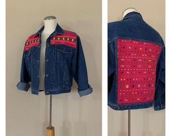 Vintage Denim Jacket Aztec Embroidered /  Vintage Jean Jacket / Vintage Denim Jacket / Blue Jean Jacket