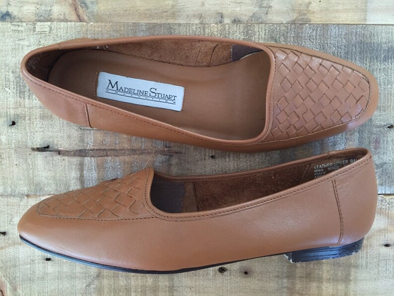 Vintage Brown Leather Woven Flats / Womens Loafers / Leather Flats / Leather Slip Ons image 2
