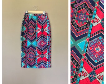 28" 90's Aztec Wrap Falda / 90s Falda Larga Wrap / 90s Aztec Western Print Falda / Falda De vuelta de cintura alta / 90s Ropa Mujeres