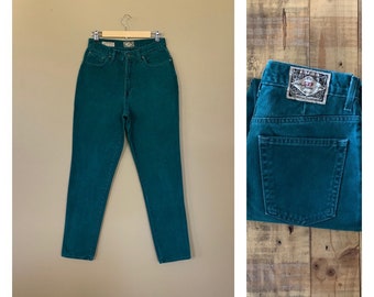 29/30” 90s High Waisted Jeans Tapered Leg Green /Exp #4 Jeans /90s Tapered Jeans Women /Vintage High Waisted Jeans Size 29 30