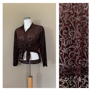 90’s Shirt Sheer Velvet Lace Brown / Vintage Long Sleeve Top / 90’s Grunge Clothing / 90’s Sheer Long Sleeve Top
