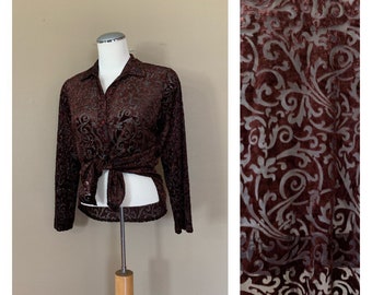 90’s Shirt Sheer Velvet Lace Brown / Vintage Long Sleeve Top / 90’s Grunge Clothing / 90’s Sheer Long Sleeve Top