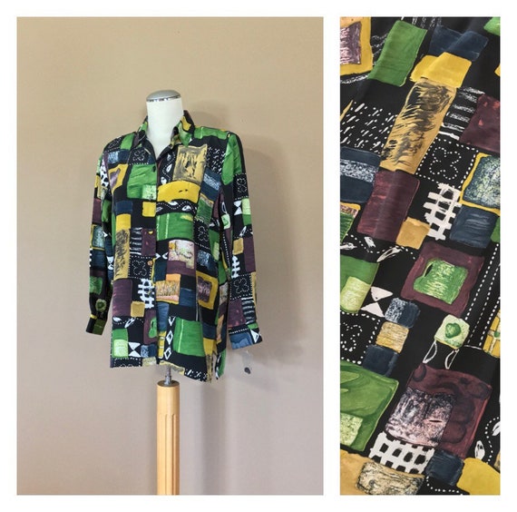 90s Shirt Women Versace Colorblock Shirt/90s Hip Hop Shirt/90s grunge shirt/90s Button Down Shirt/Abstract Shirt