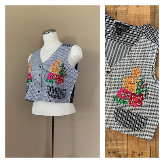 90’s Plaid Crop Top Large Embroidered / 90’s Tank