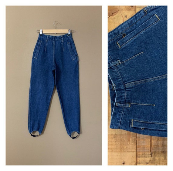 90s Denim Stirrup Pants High Waisted Petite Small / Vintage Denim Leggings  / Womens 90's Pants / 90s Stirrup Pants Size 4 Petite 