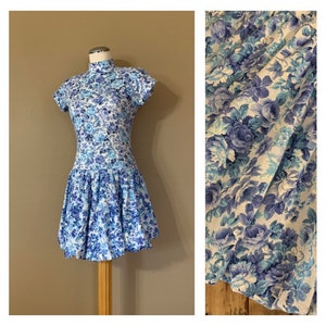 90&#39;s Floral Minidress Blue Cotton / 90’s Floral Mini Dress / 90s Dress Women / 90s Dress Preppy Grunge Goth / Vintage Minidress Size 11/12