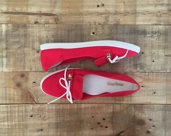 Womens Penny Loafers / Vintage Red Flats / Womens Loafers / Red Loafers / Red Shoes