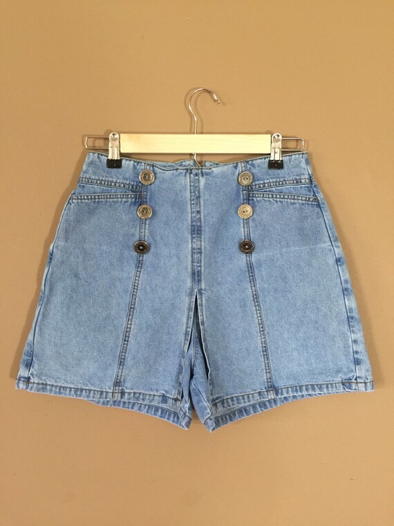 medium wash blue denim shorts Vintage 90s denim skort 32 waist, Chic size 16 high rise skirt high waisted jean skort summer