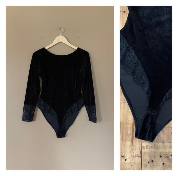 90's Black Velvet Bodysuit Large Lace / Vintage 90