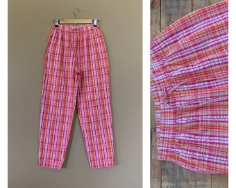 90’s Pants High Waisted Plaid / Pull On Plaid Cotton Pants / Tartan Pants / Womens 90's Pants / 90s Cotton Pants / Tapered Leg Pants