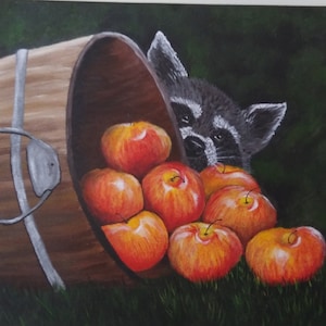 Cute raccoon with a basket of red apples painting. Green forest back ground.