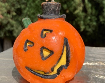 Vintage Halloween Decorative Wax Candle Tilted Jack O Lantern Pumpkin with Top Hat