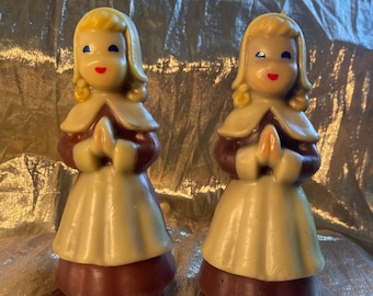 Vintage Thanksgiving Pair of Pilgrim Women Candles or Pilgrim Girl Candles by Gurley Candle Co 1960s - unlit vintage Gurley Pilgrim Candles