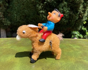Vintage Antique Tin Wind Up Toy Pinocchio Riding a Donkey