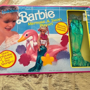 Vintage Barbie Mermaid and Swan Playset with Barbie Mermaid Costume, Inflatable Swan and Sea Sponges for Barbie Bath time by Mattel 1990
