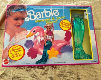 Vintage Barbie Mermaid and Swan Playset with Barbie Mermaid Costume, Inflatable Swan and Sea Sponges for Barbie Bath time by Mattel 1990