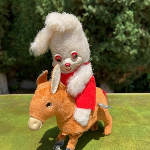 Antique Vintage Tin Wind Up Toy Bunny Rabbit Riding a Donkey with key made in Japan