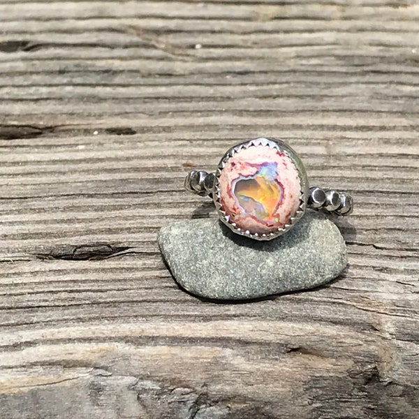 Mexican Fire Opal Mini Ring, size 6, sterling silver, opal flash Mothers Day gift, beaded band, dainty western style ring, opal jewelry boho