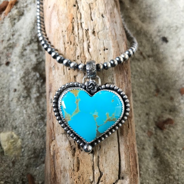 Kingman Turquoise Heart Pendant with silver rose, sterling silver, western cowgirl necklace, romantic jewelry, Valentine gift, silver pearls