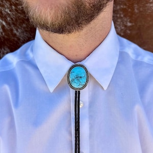 Kingman Turquoise Double Twist Bolo Tie Dark Brown Leather Cord Sterling Silver Tips, cowboy, cowgirl, western, country,wedding,men or women