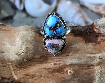 Golden Hills Turquoise Ring with Mexican Fire Opal double ring size 5 or larger up to 7, sterling silver, western style cowgirl ring, boho