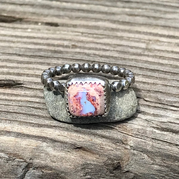 Mexican Fire Opal Mini Ring, size 7 1/2, sterling silver, opal flash, Mother’s Day gift, beaded band, dainty western style ring opal jewelry