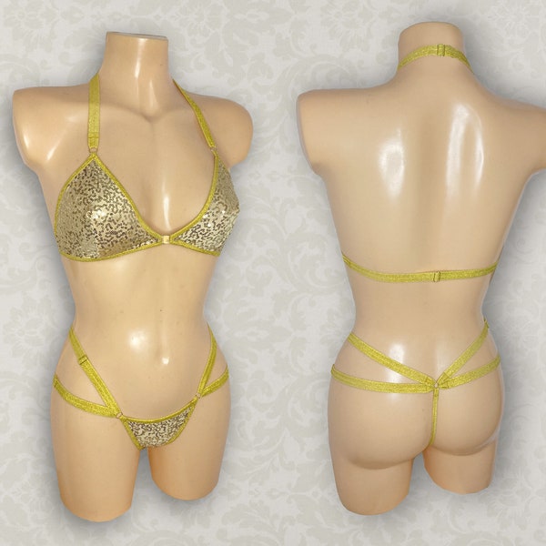 Starlight Burlesque Stripper Sequins Triangle Bra and Strappy Thong (purchase separately or as a set)