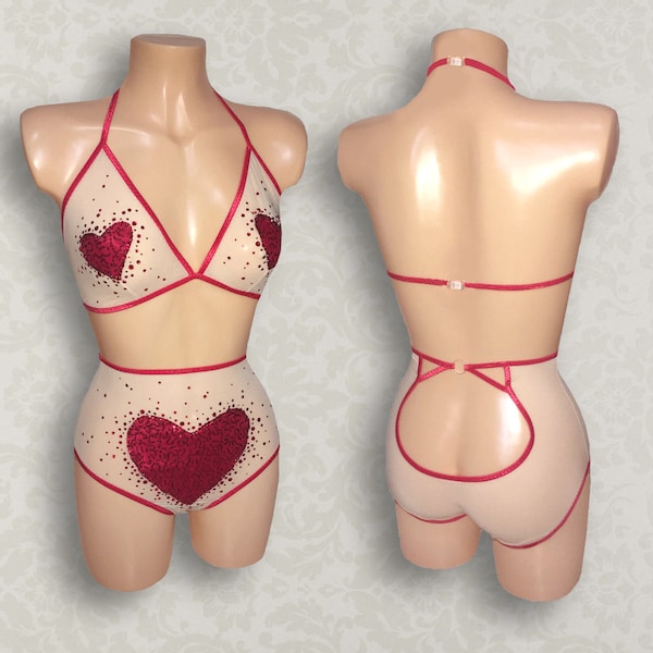 Burlesque Style Mesh Heart Bralette, Keyhole Panties or Herat Lingerie Set