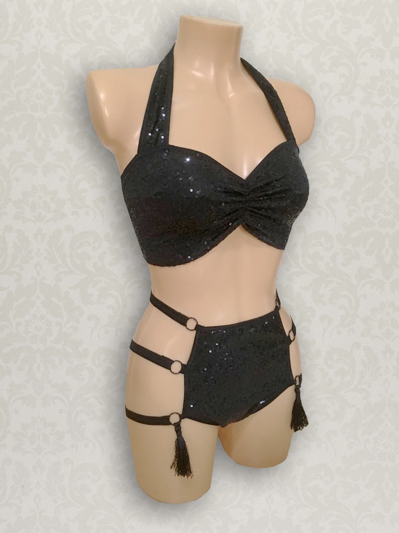 Strappy Showgirl High Waist Modesty Briefs with Tassels and Retro Sweetheart Bodice purchase separately or as a set image 3