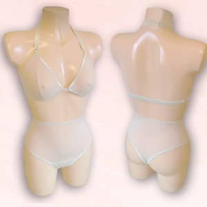 May include: White sheer lingerie set with a halter top and high-waisted briefs.