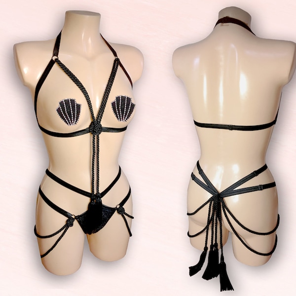 Fetish Style Cabrio Quaste Harness und Strappy Quaste Pailletten Gstring (separat oder als Set erhältlich)