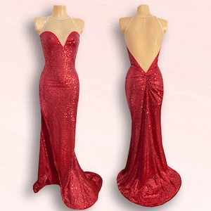 Jessica Rabbit Pailletten rückenfreies Kleid mit tiefem Ausschnitt und Fishtail